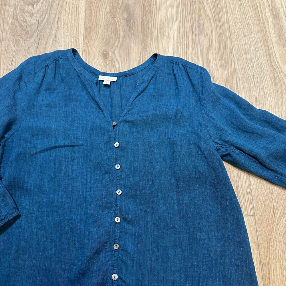 Pure Jill 100% Linen Oversized Tunic Top Blouse Blue Size M Coastal Beach - Picture 3 of 7